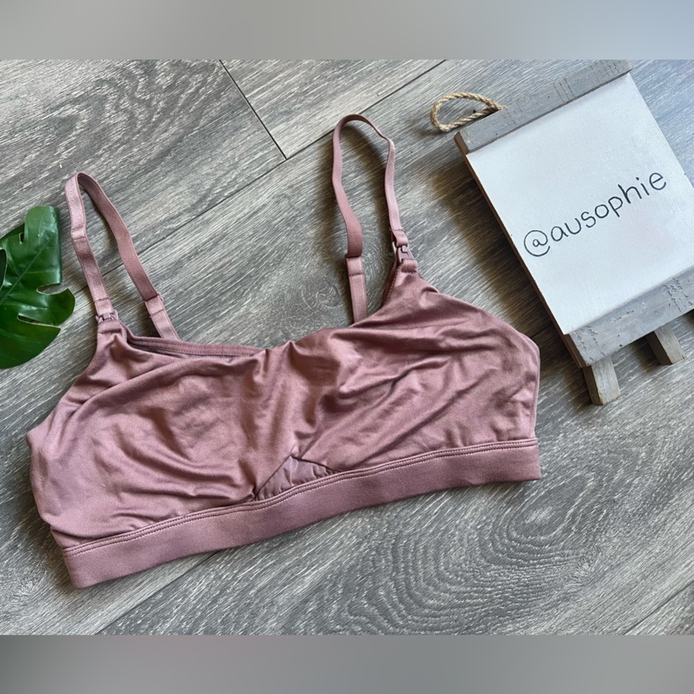 Auden lightly lined lounge clip strap nursing bra in a bronze-y pink. Size S
